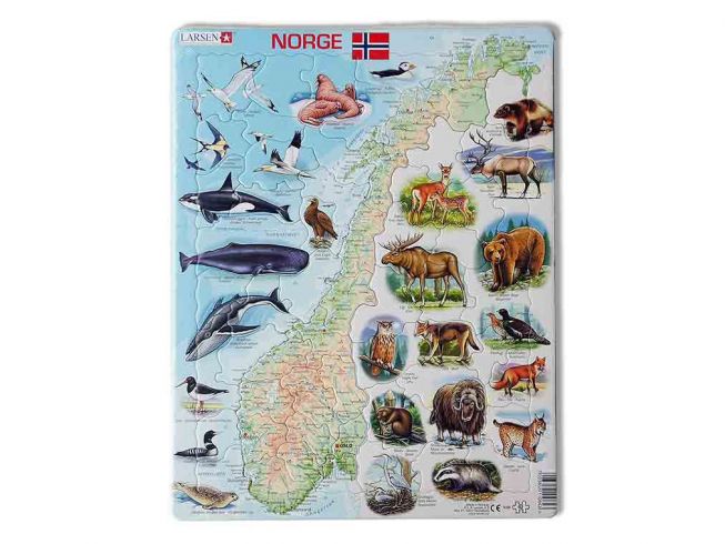 Puslespill - Norge med dyr m/ 62 brikker